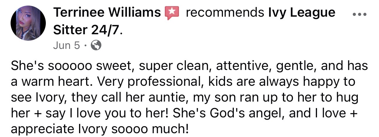 Text review of a person praising a child's personality and appearance, mentioning her kindness and love for her family.