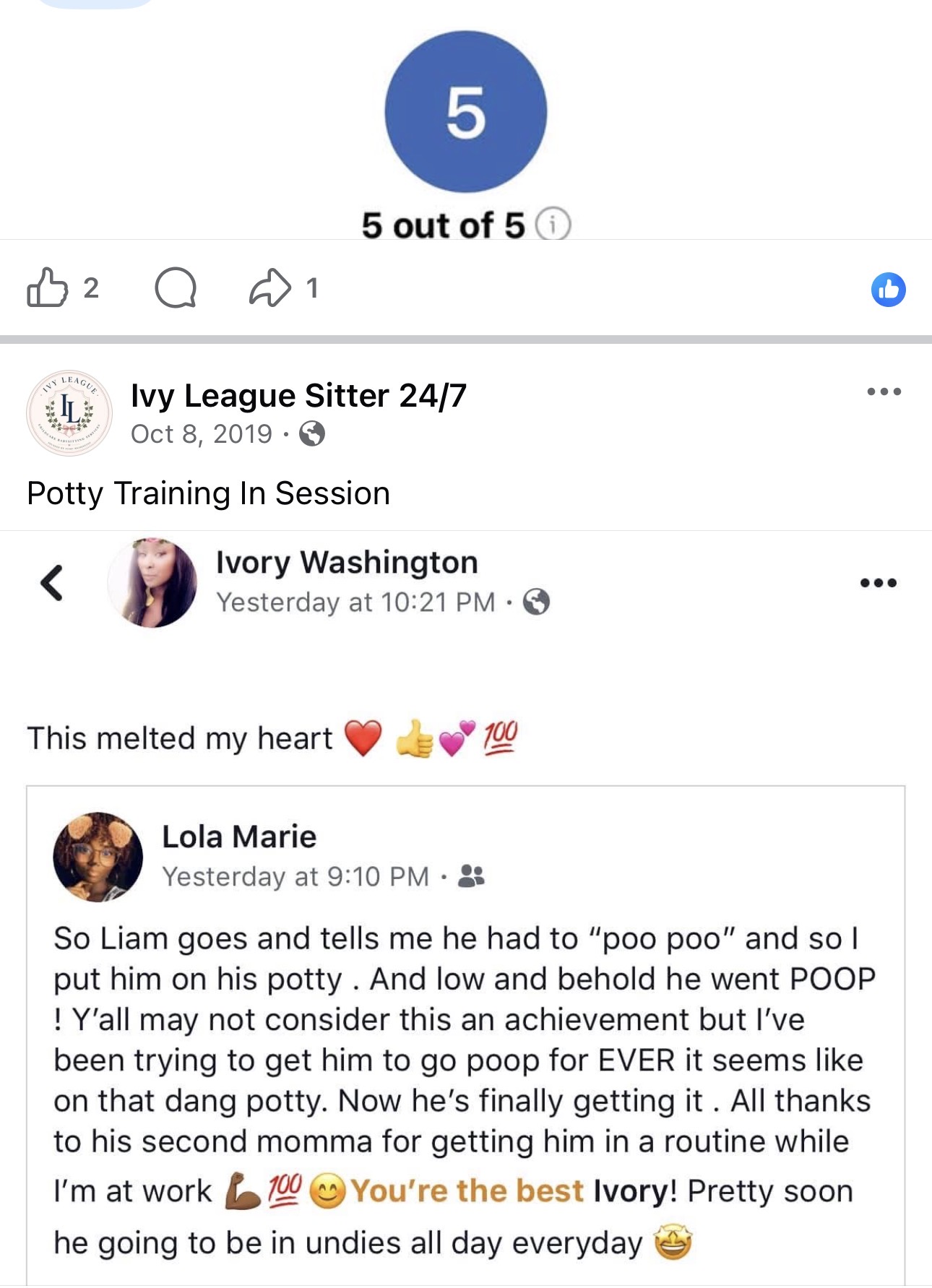 Screenshot of social media posts about potty training, with a blue circle showing the number 5, and text about progress and encouragement.