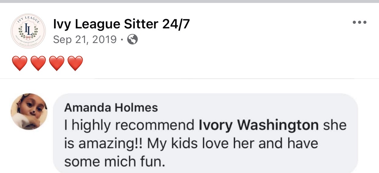 Screenshot of a Facebook post with hearts and a comment praising Ivory Washington, dated September 21, 2019.