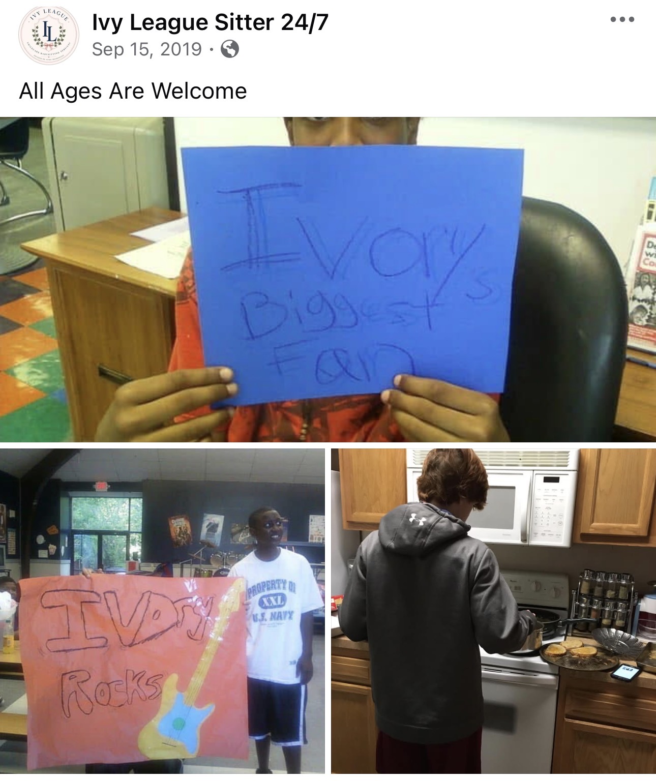 Child holding a blue sign with handwritten text, sitting at a desk. Two other children in a kitchen, one with a guitar drawing on a sign. Group photo.
