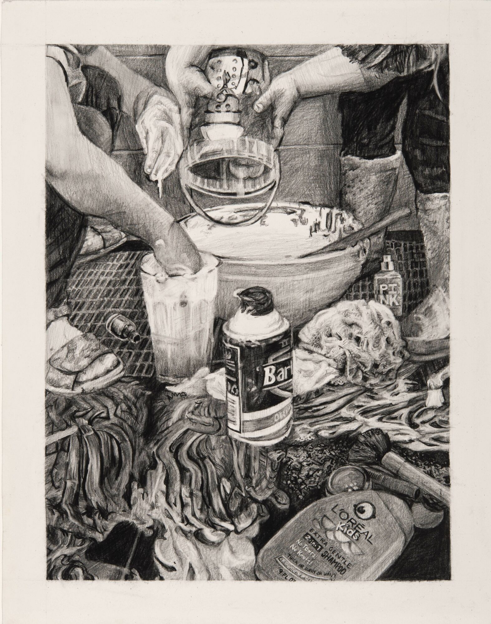 People gather around a table with drinks, a large bowl, and various items, including a bottle and a package, in black and white.