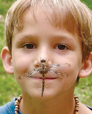 Child with a dragonfly on his face, outdoors with green background, smiling, wearing a beaded necklace.
