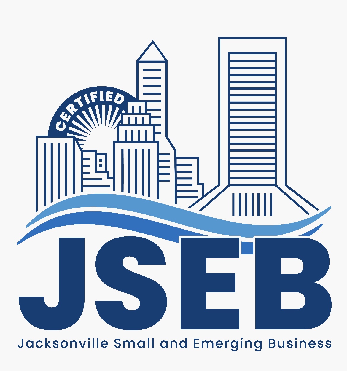 Logo with city skyline, waves, and bold letters 'JSEB' for Jacksonville Small and Emerging Business.