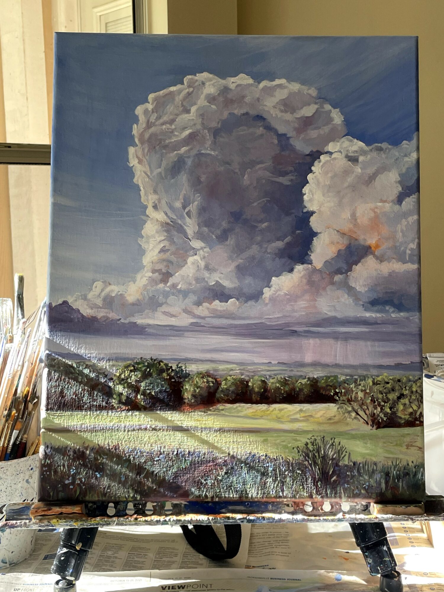 Landscape painting of a cloudy sky over fields with trees and grass, with a blue sky and large cloud formation.