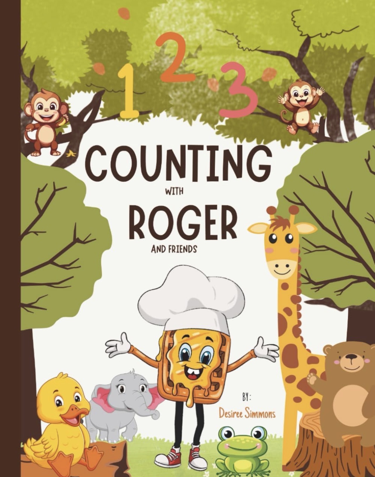 Colorful children's book cover titled 'Counting with Roger and Friends' featuring cartoon animals and trees.