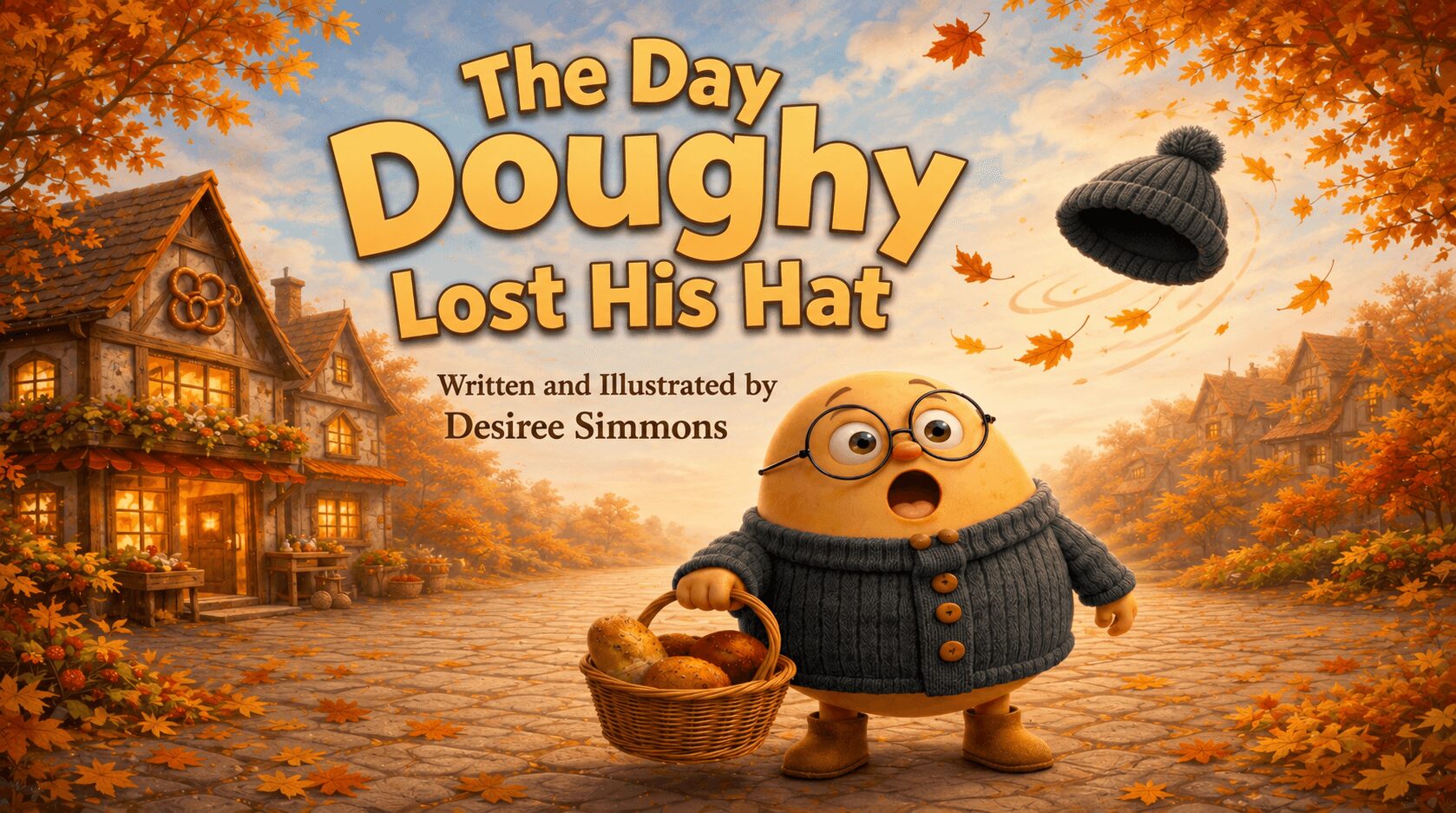 A cartoon character with glasses and a hat, holding a basket, standing on a fall scene with a house and trees.