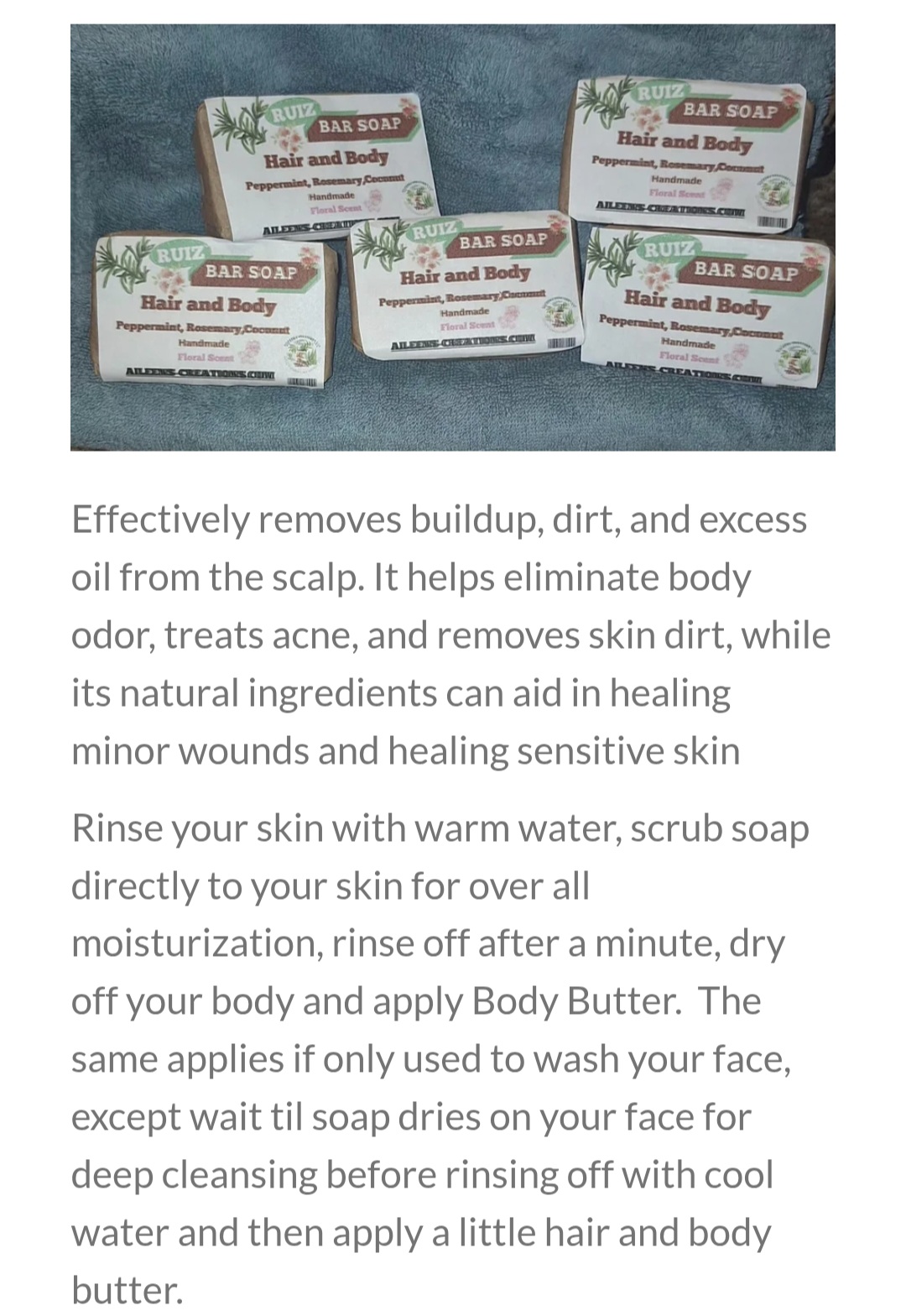 Four bars of soap labeled 'Hair and Body' on a surface, with text describing soap benefits and usage instructions.