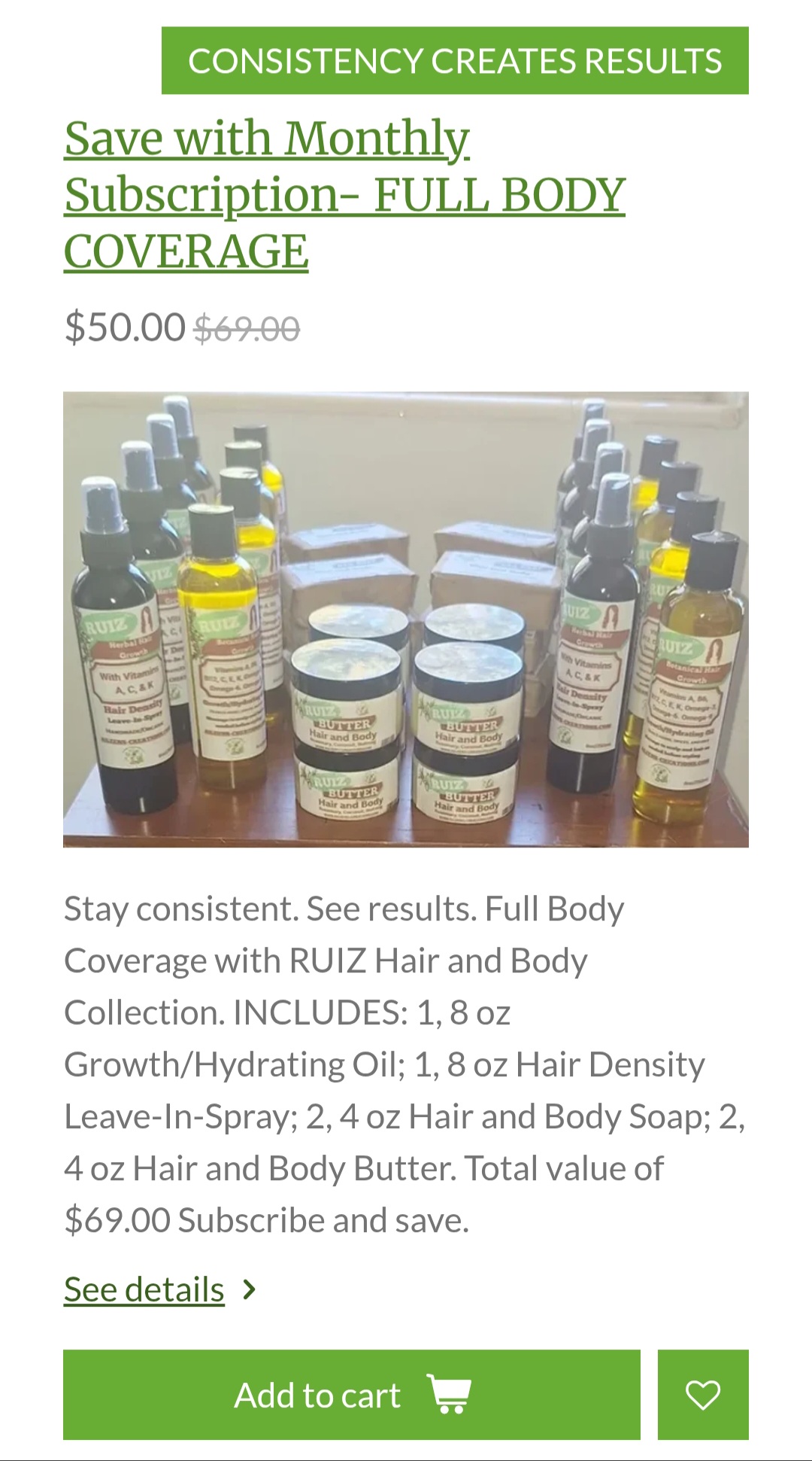 Display of skincare products including bottles and jars on a table, with promotional text about a subscription service, and an add to cart button.