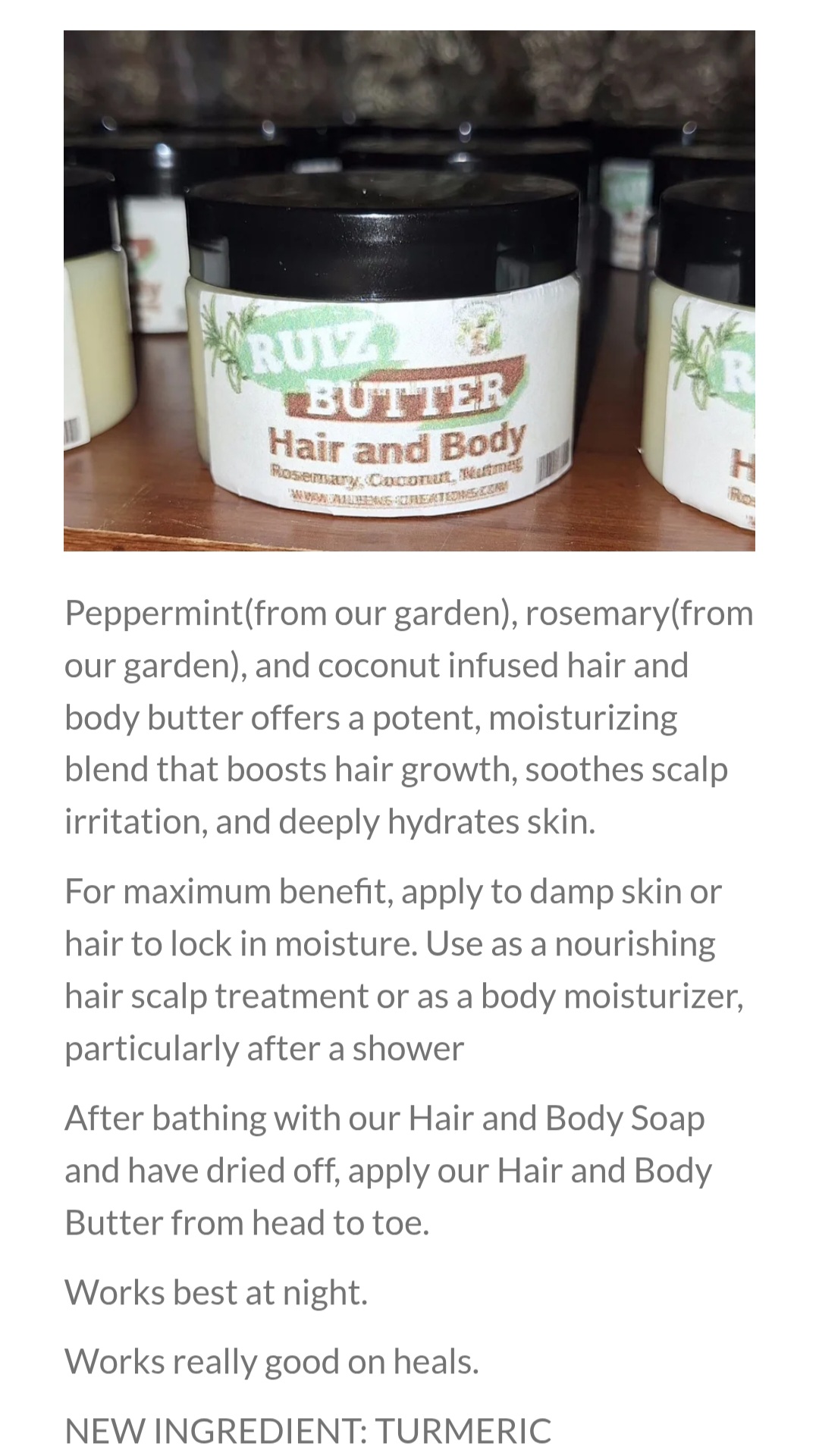 Container of hair and body butter with ingredients and usage instructions, placed on a wooden surface.