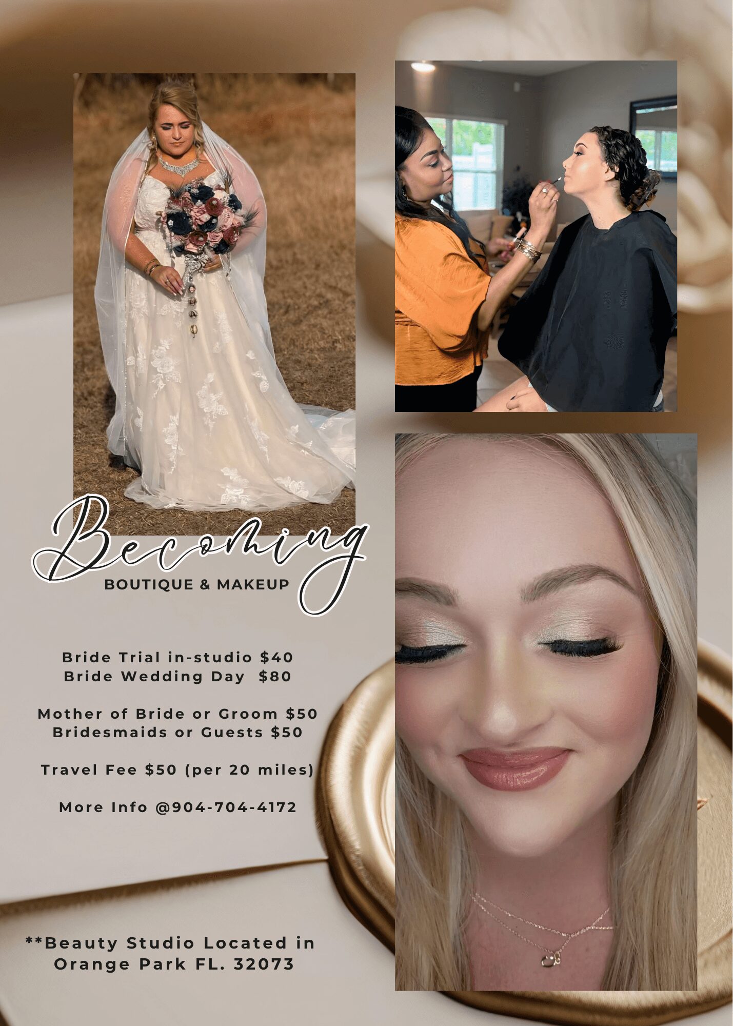 Bride in wedding dress holding bouquet, makeup artist applying makeup to a woman, close-up of woman with makeup, text about beauty studio and services.