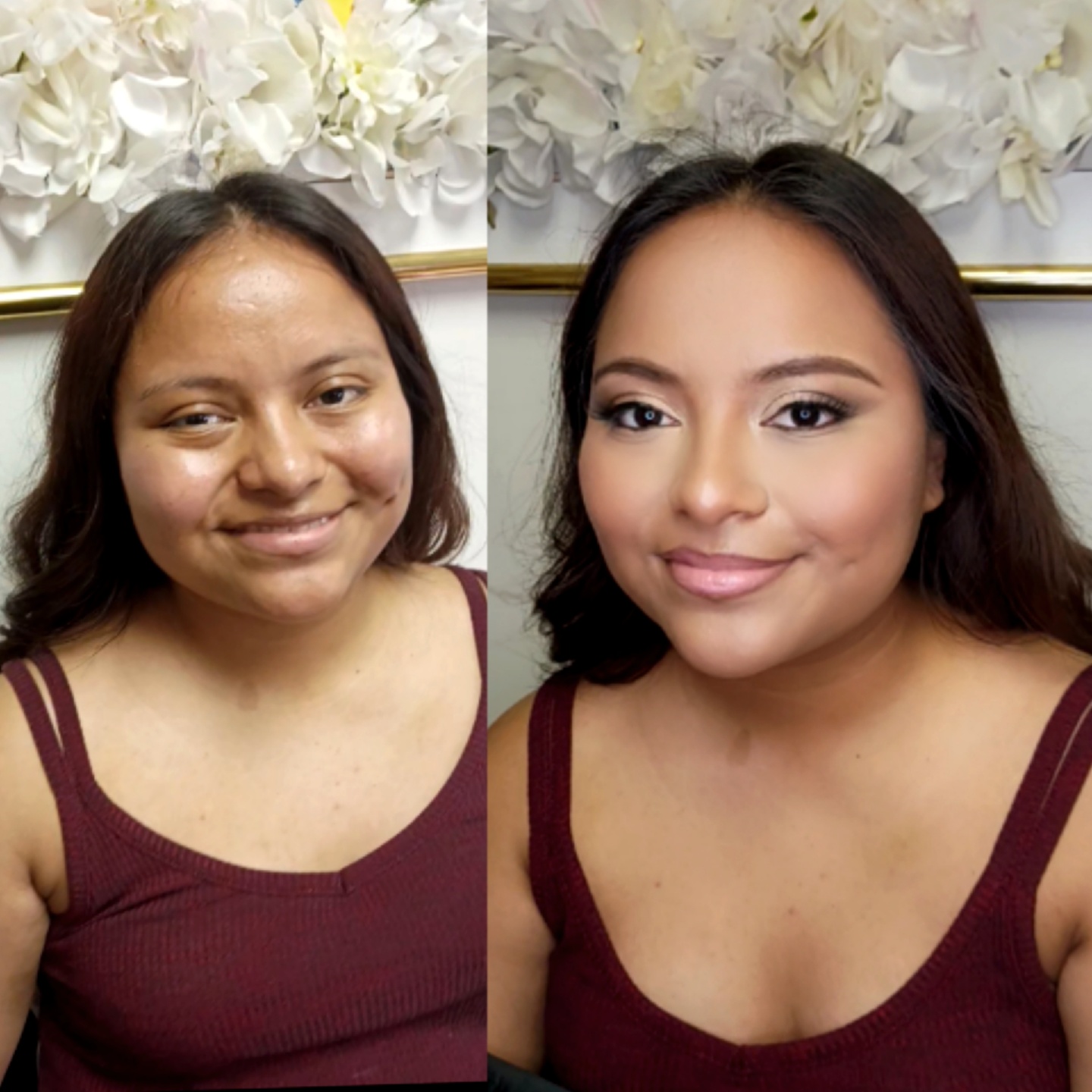 Side-by-side comparison of a woman before and after makeup, smiling, with white flowers in the background.