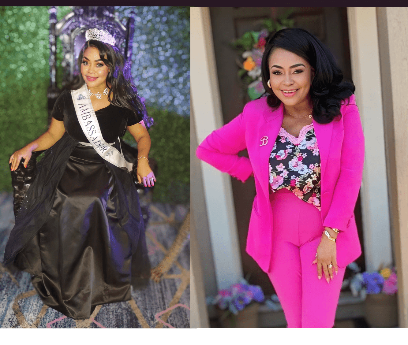 Two women, one in a sash and crown, the other in a pink suit, smiling outdoors.