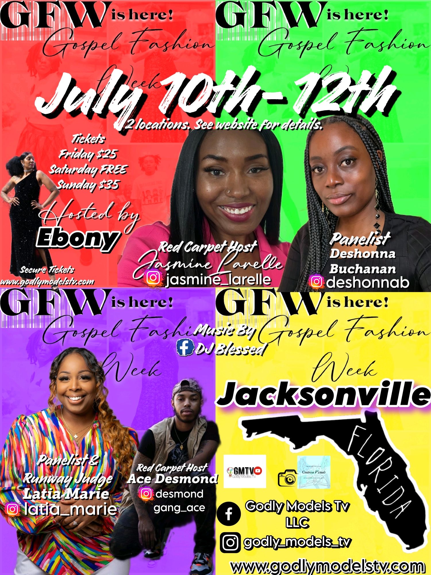 Collage of four promotional flyers for Gospel Fashion Week in Florida, featuring dates, locations, and images of models and hosts.