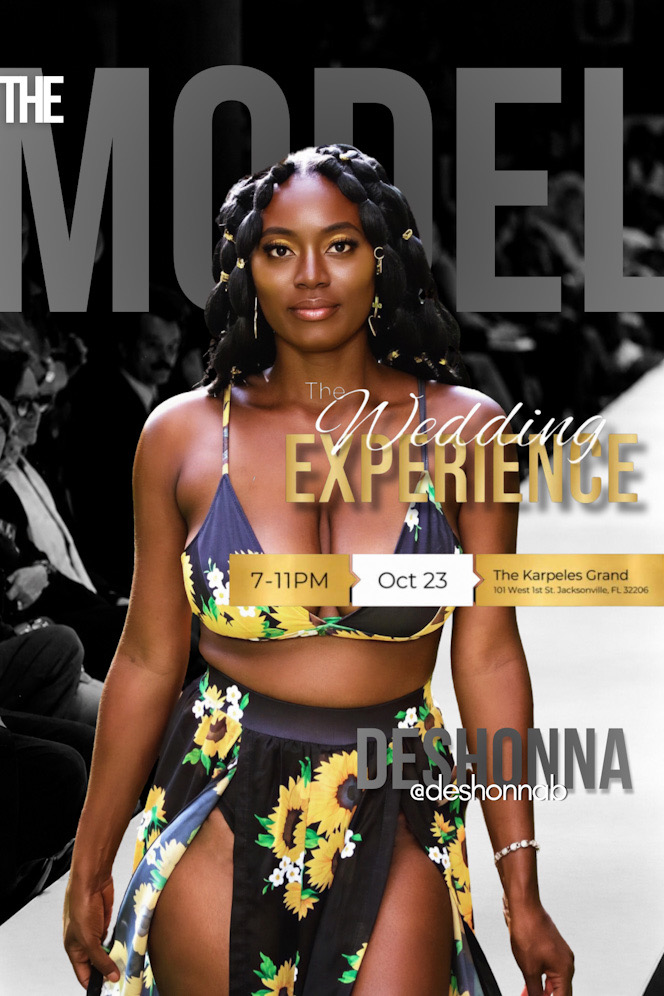 Woman in floral dress at wedding event, text overlay about model experience, background of a crowd, date and time details.