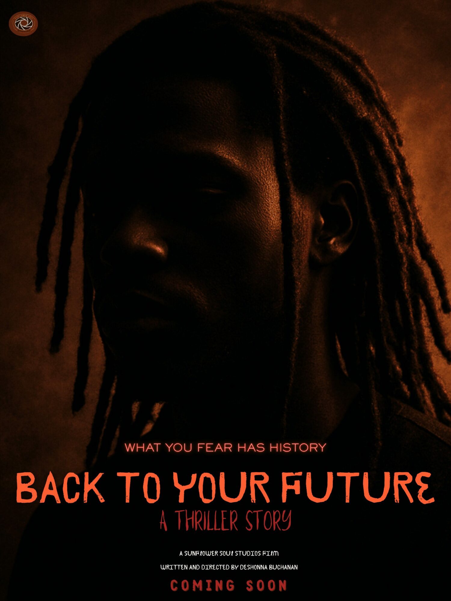 Dark silhouette of a person with dreadlocks against a warm background, with red text overlay about a thriller story.