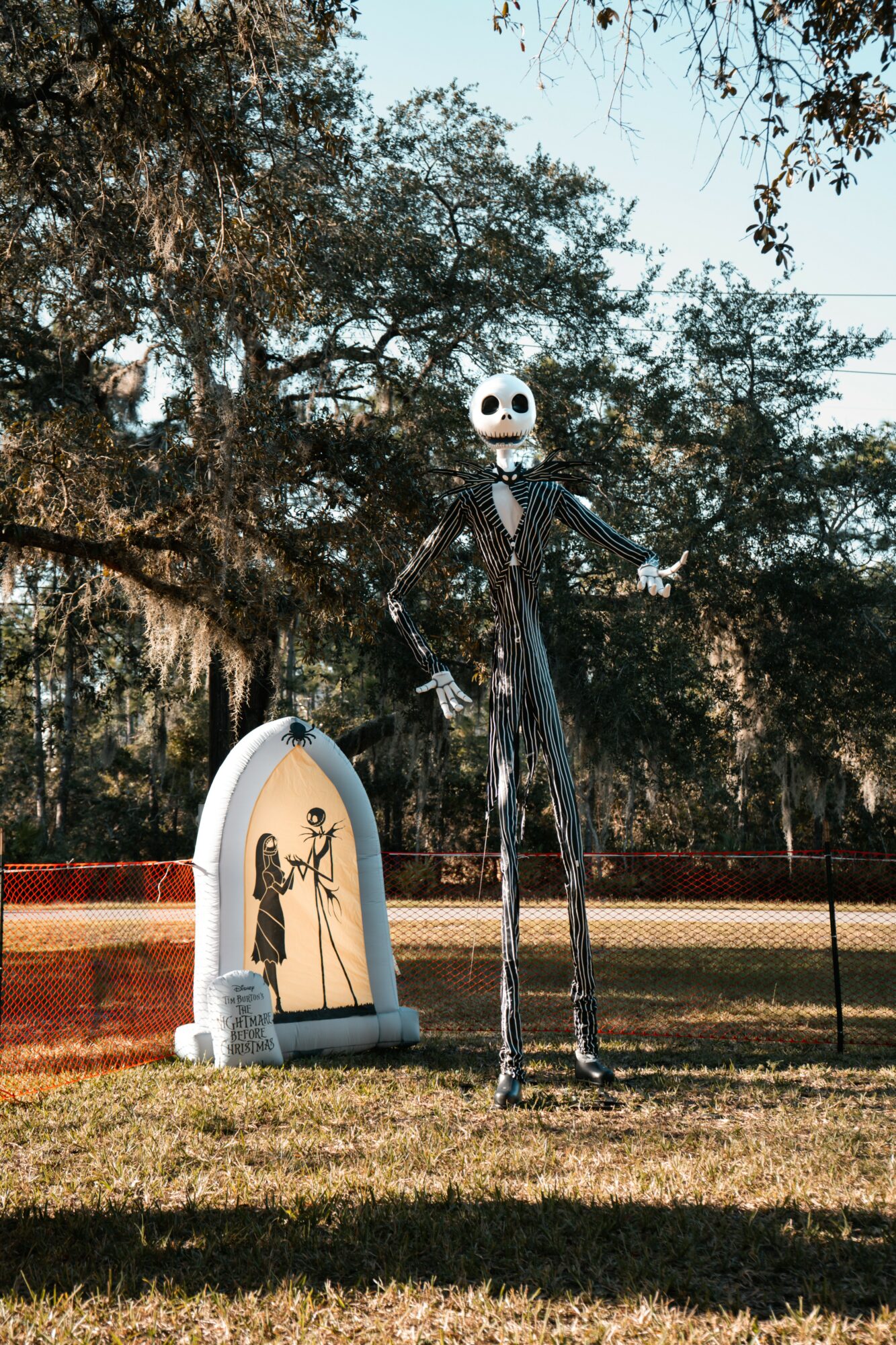 Tall skeleton figure with a round skull and black clothing stands outdoors near a white tombstone with a silhouette of a person, trees in background.
