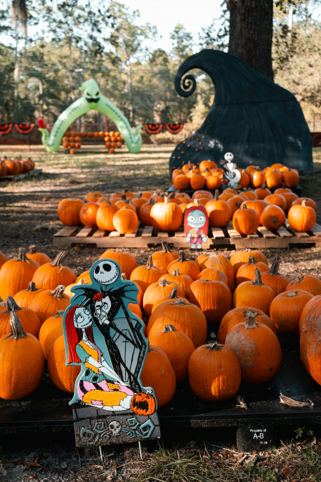 Pumpkins arranged outdoors with Halloween decorations, including a green ghost, a black witch's hat, and cartoon characters, on a wooden platform.