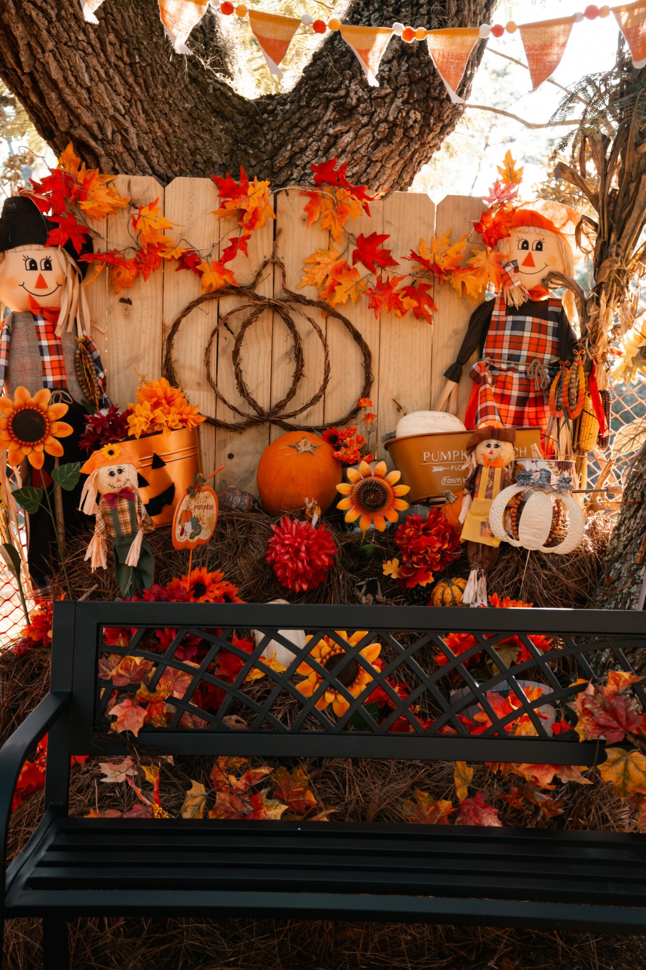 Fall-themed outdoor display with scarecrows, pumpkins, sunflowers, and autumn leaves, set against a wooden backdrop with a tree trunk.