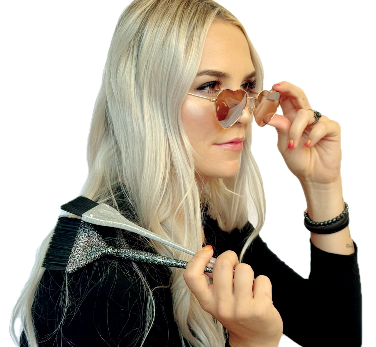 Woman with long blonde hair wearing sunglasses, holding a zipper pull, looking to the side, against a white background.