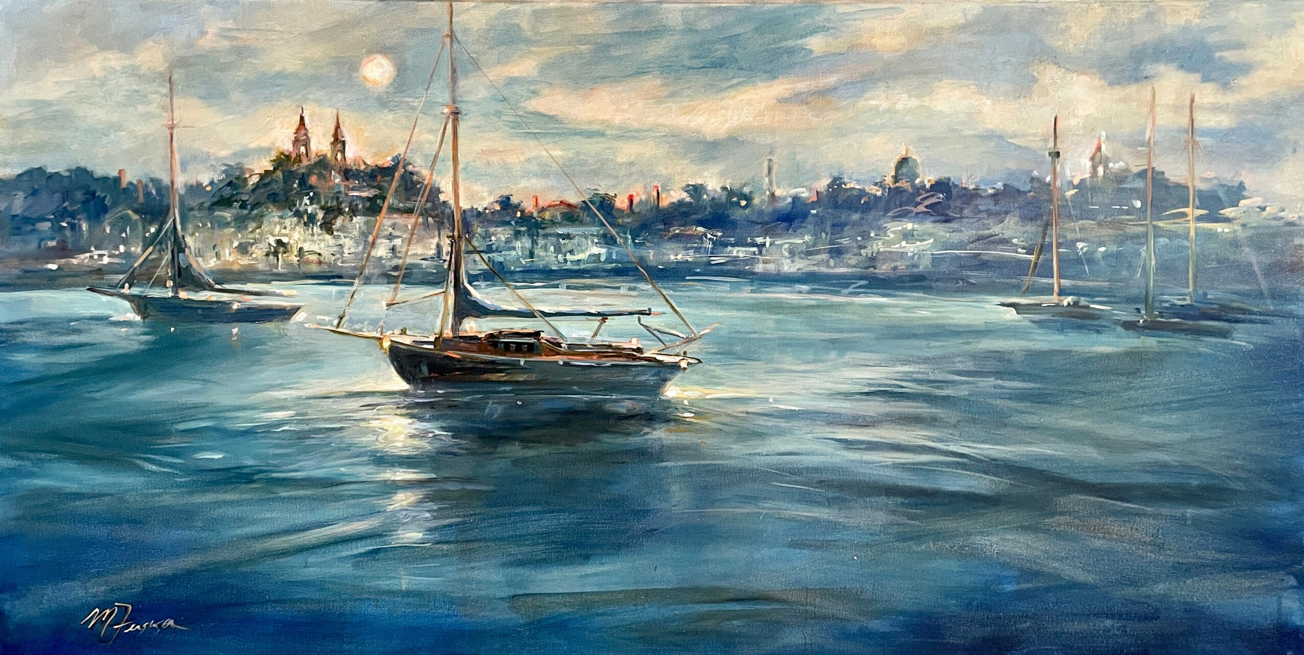 Waterfront scene with sailboats and a city skyline in the background, painted in watercolor style.