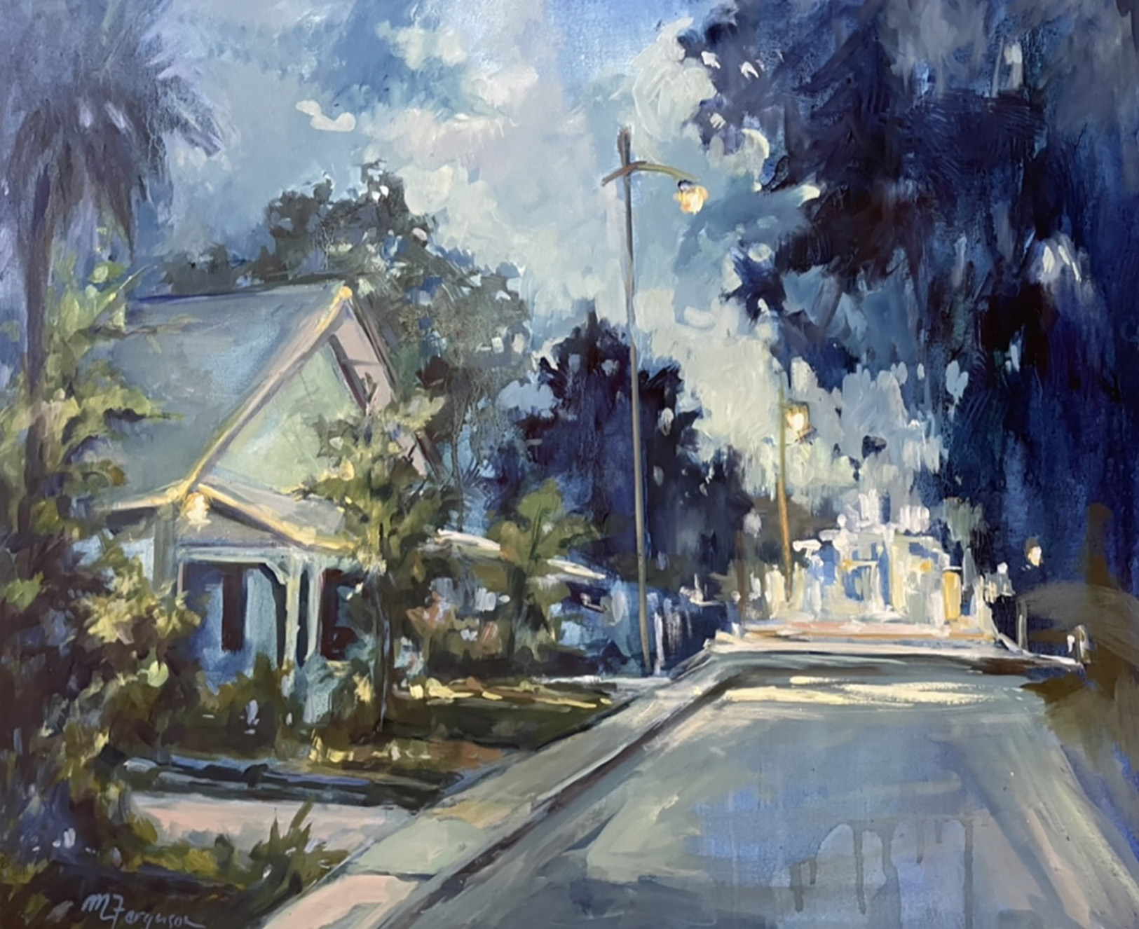 A watercolor painting of a street scene with houses, trees, and a cloudy sky, viewed from the sidewalk.