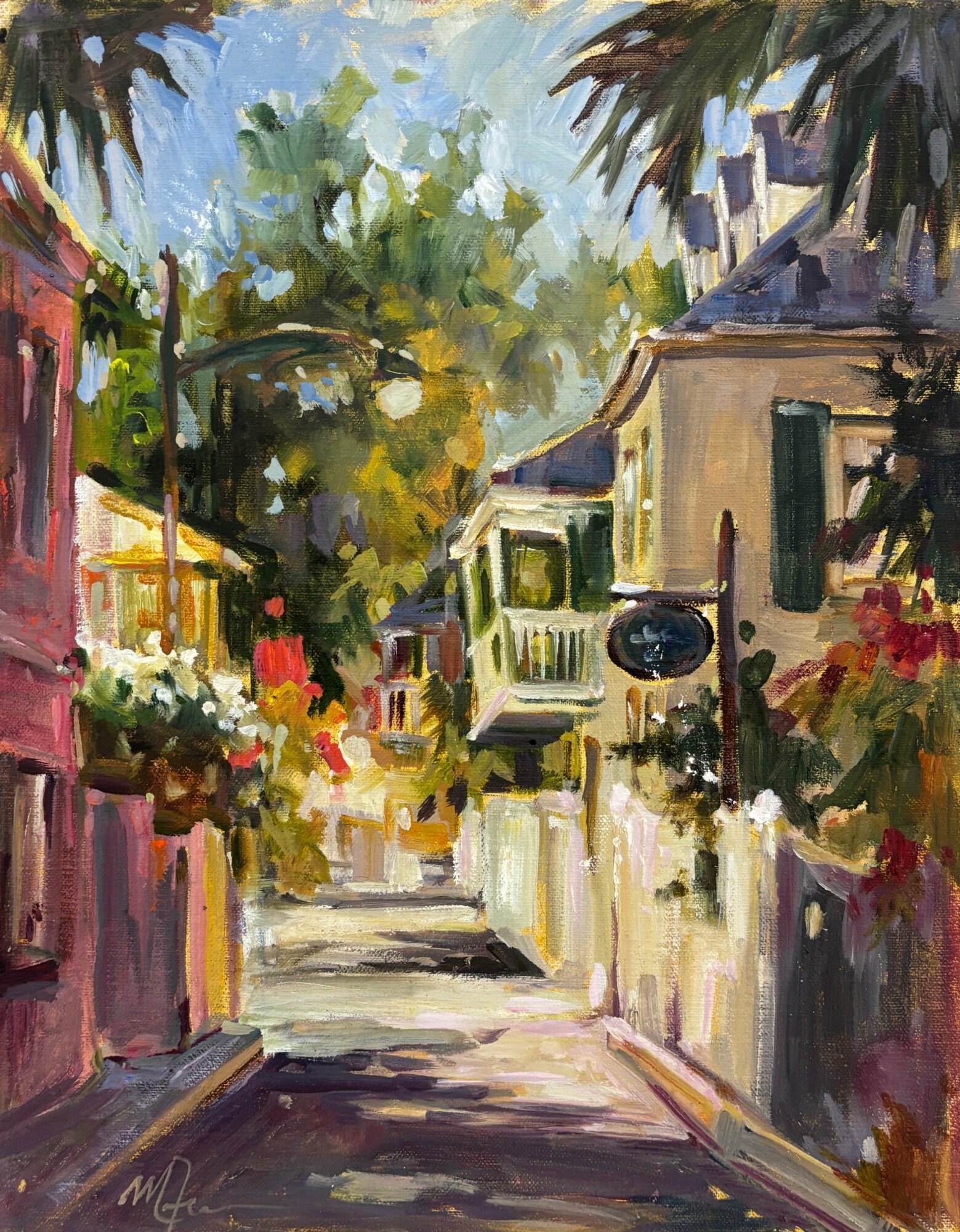 A colorful street scene with buildings, trees, and flowers, painted in an impressionistic style with bright colors.
