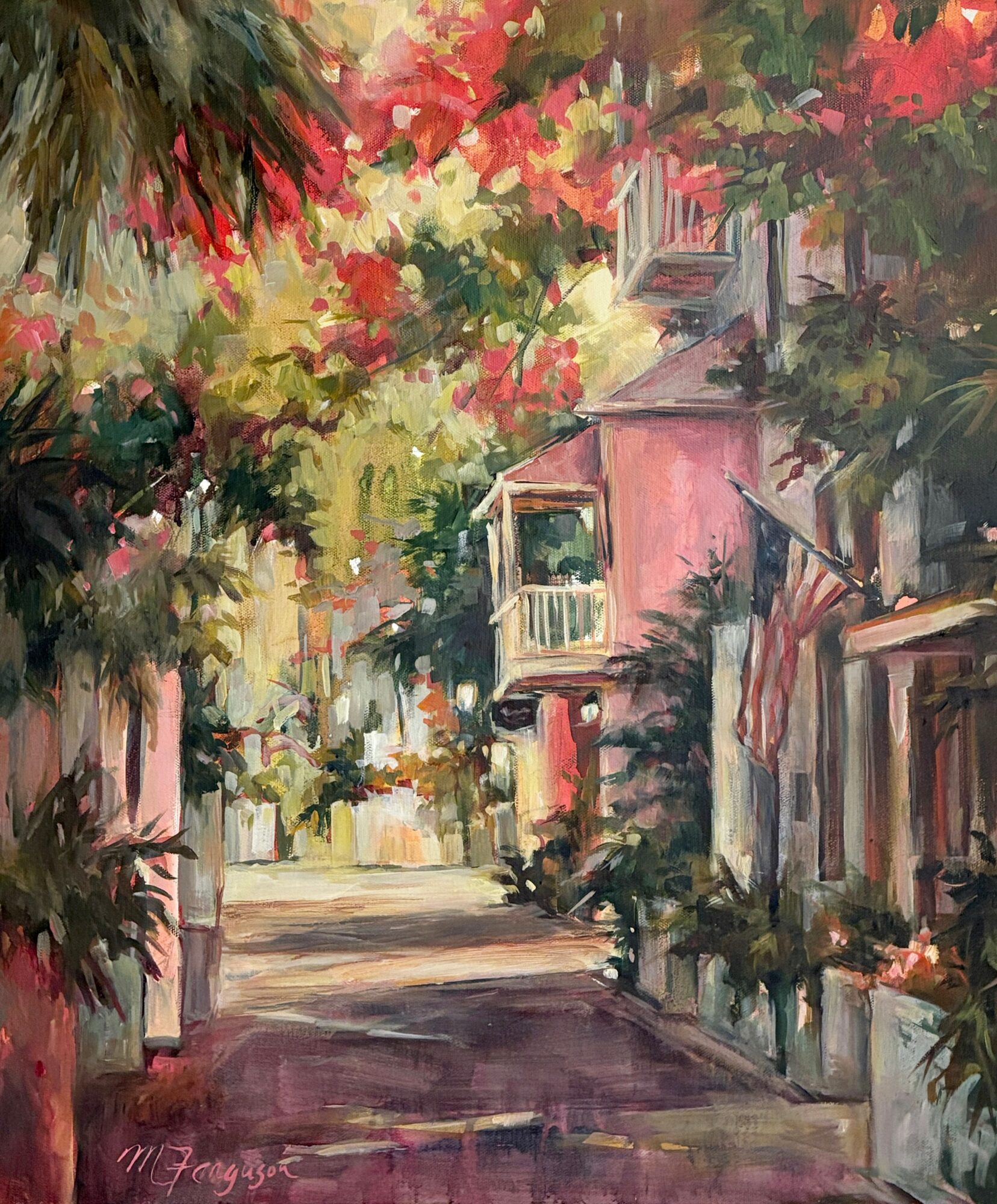 Street scene with colorful trees, buildings, and a pathway, painted in a soft, impressionistic style.