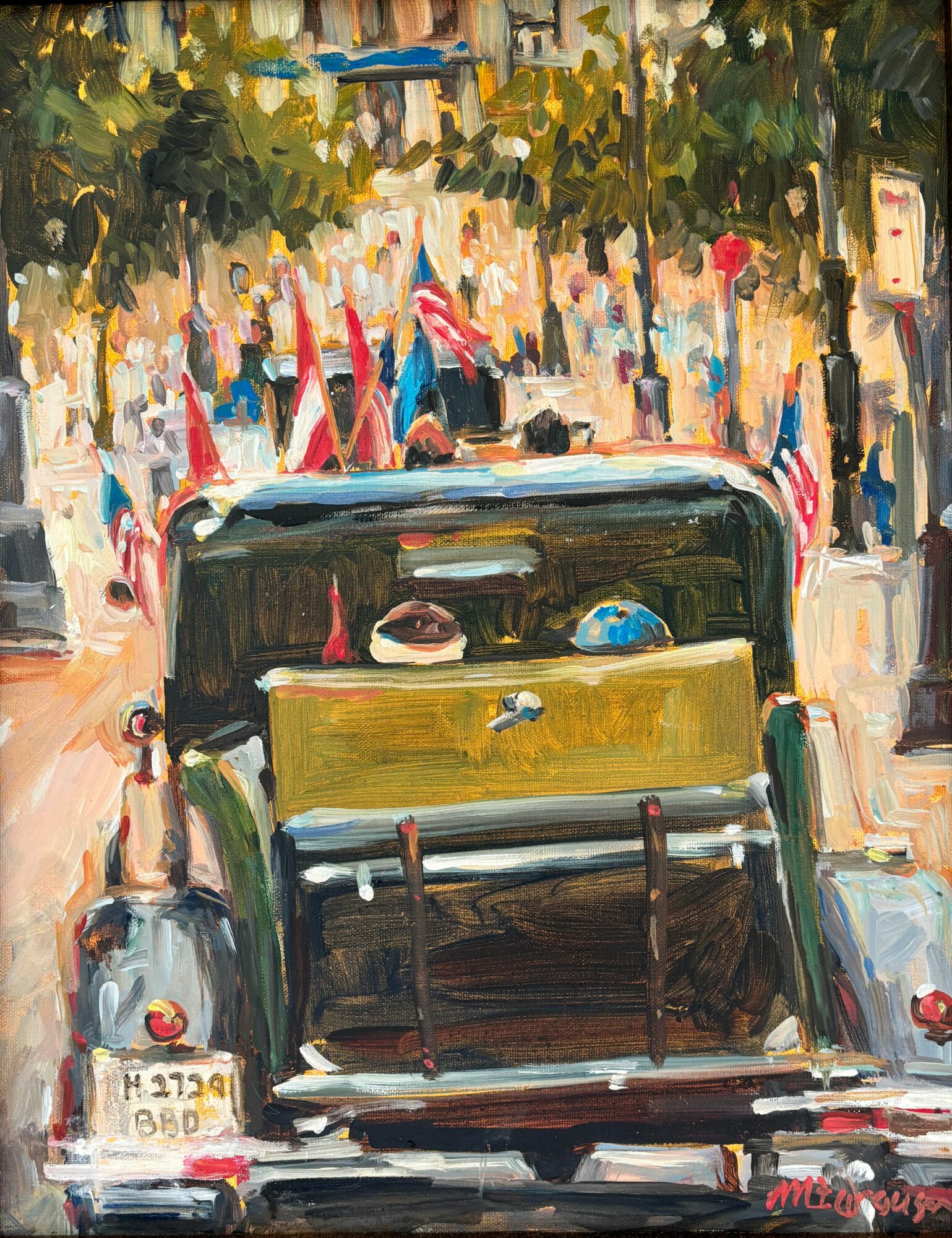 Back of a vintage vehicle with flags and people in a lively outdoor scene, trees and buildings in background.