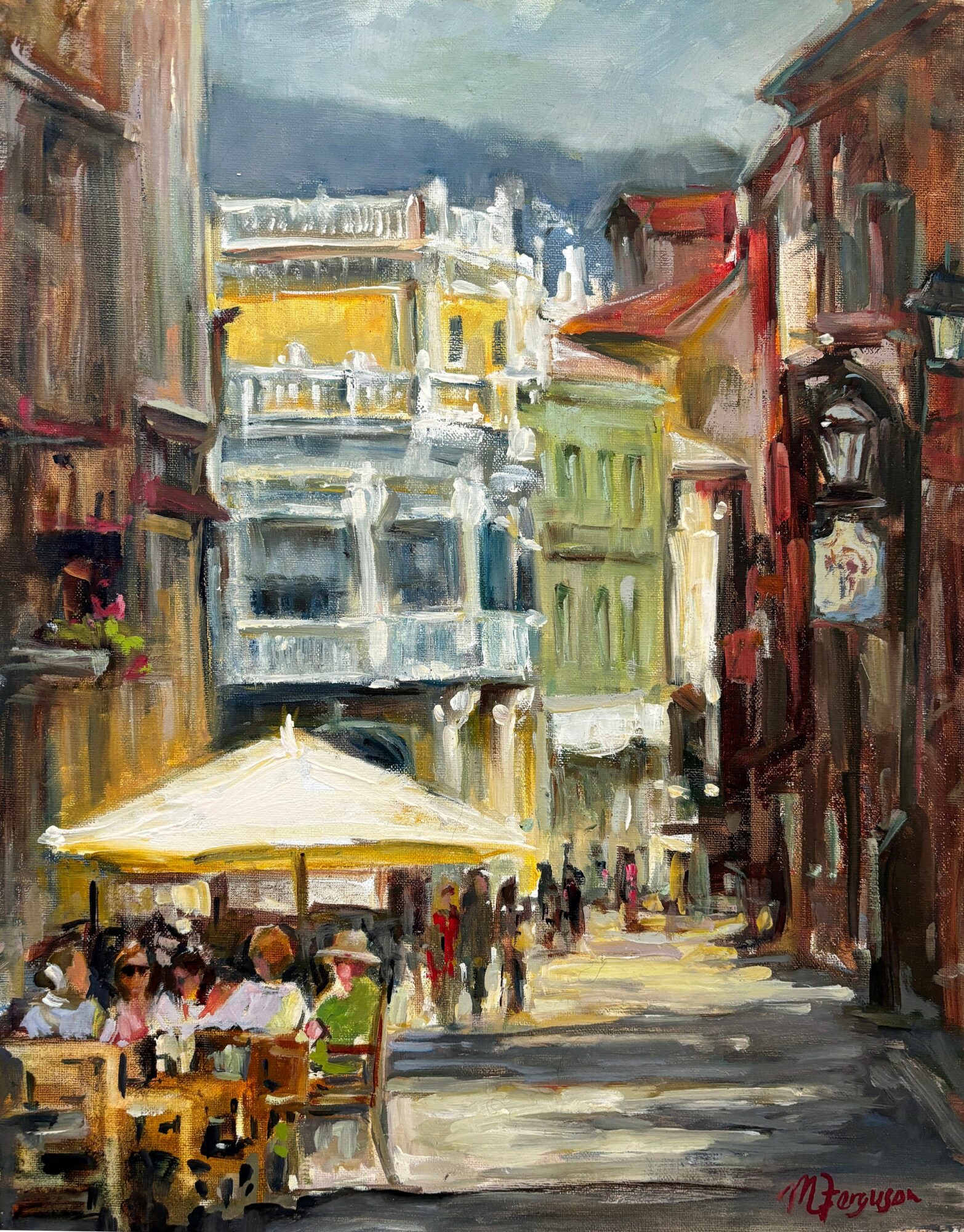 Street scene with outdoor seating, buildings, and people walking, painted in an impressionistic style with vibrant colors.