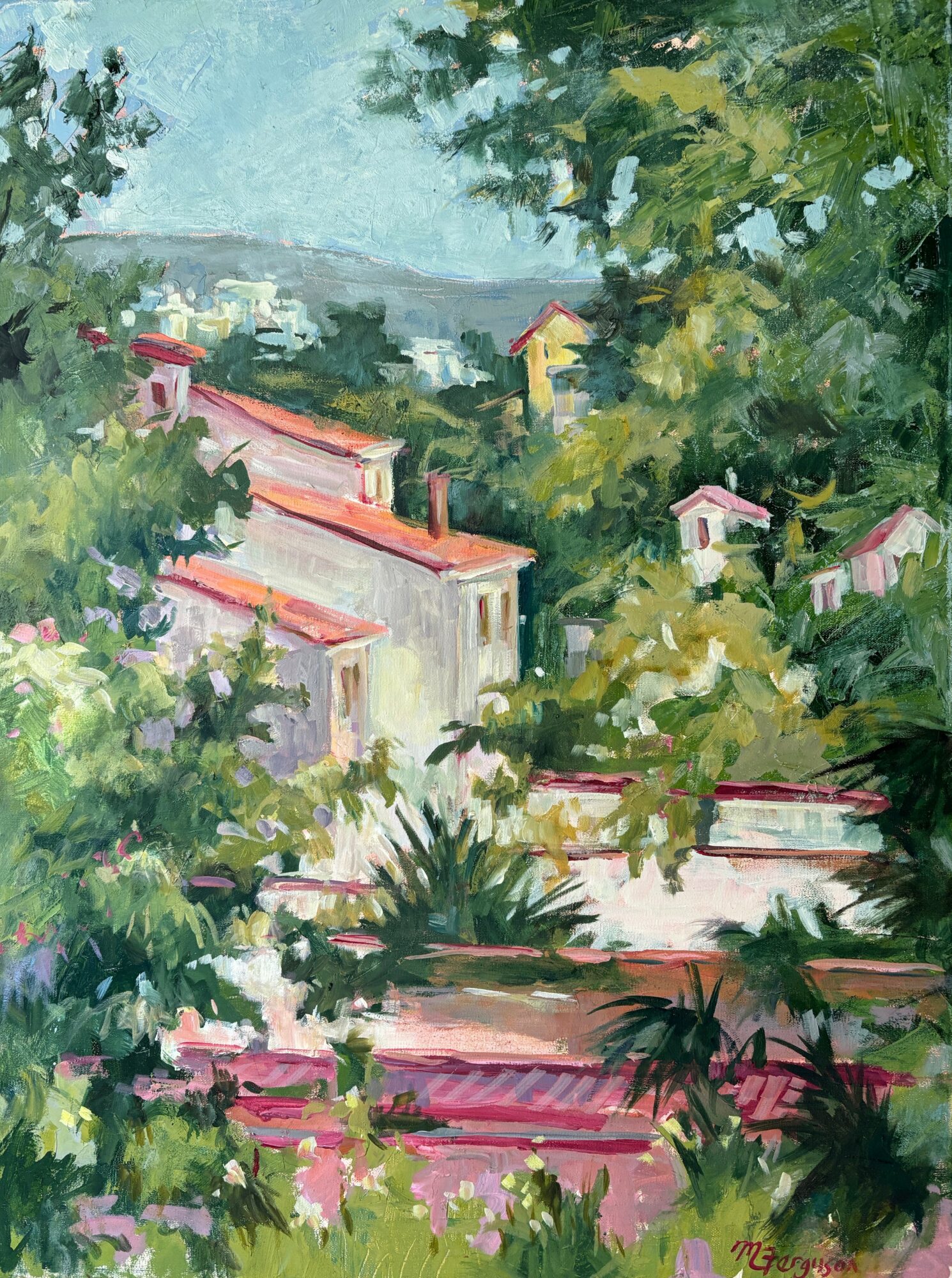 Landscape painting of houses among trees with hills in the background, using soft pastel colors and impressionistic style.