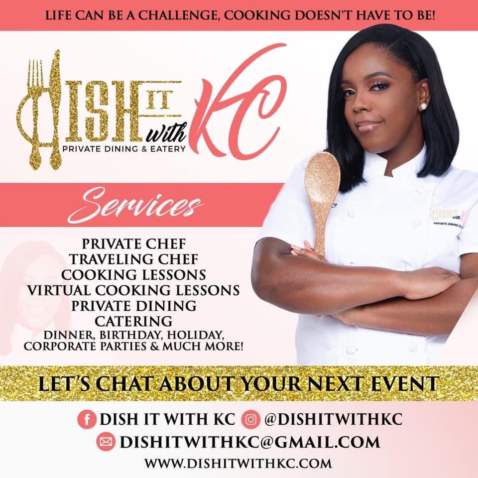 Woman holding a spoon, promoting private dining, catering, and cooking services, with contact info and event details.