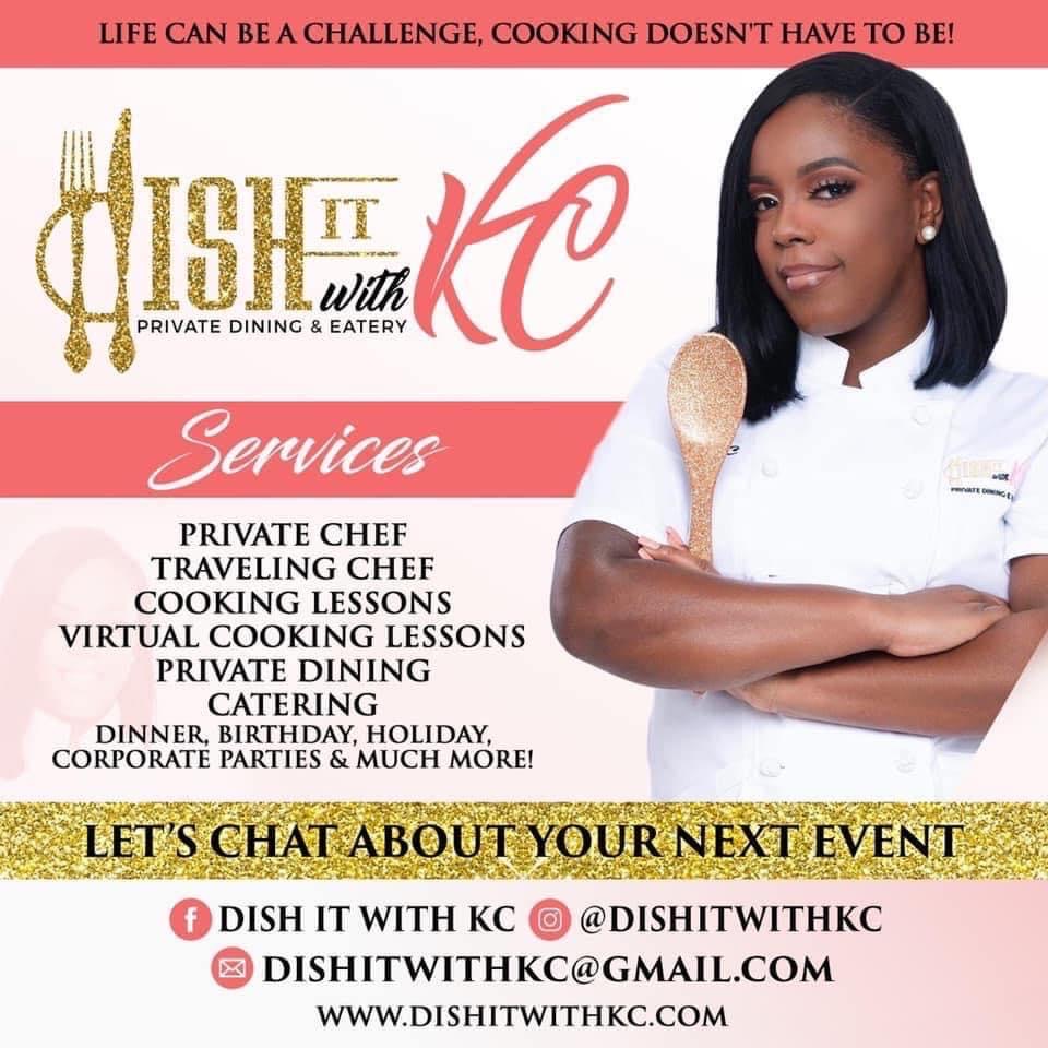 Woman holding a cooking spoon, promotional flyer for a catering and cooking service, with contact info and event details.