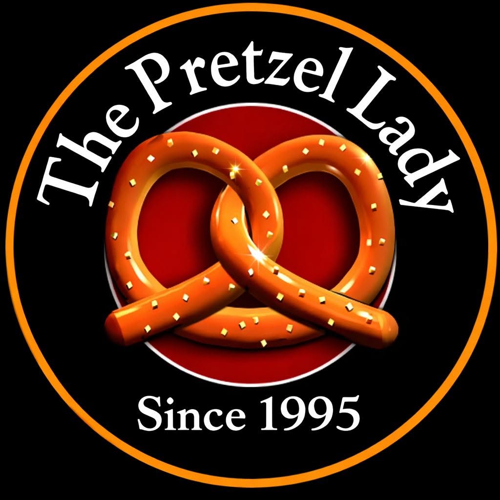 Logo with two pretzels intertwined, text reads 'The Pretzel Lady' and 'Since 1995', black background, orange border.