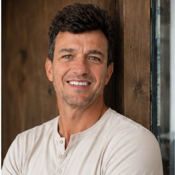 Man with dark curly hair smiling, wearing a light-colored shirt, standing indoors near wooden wall and window.