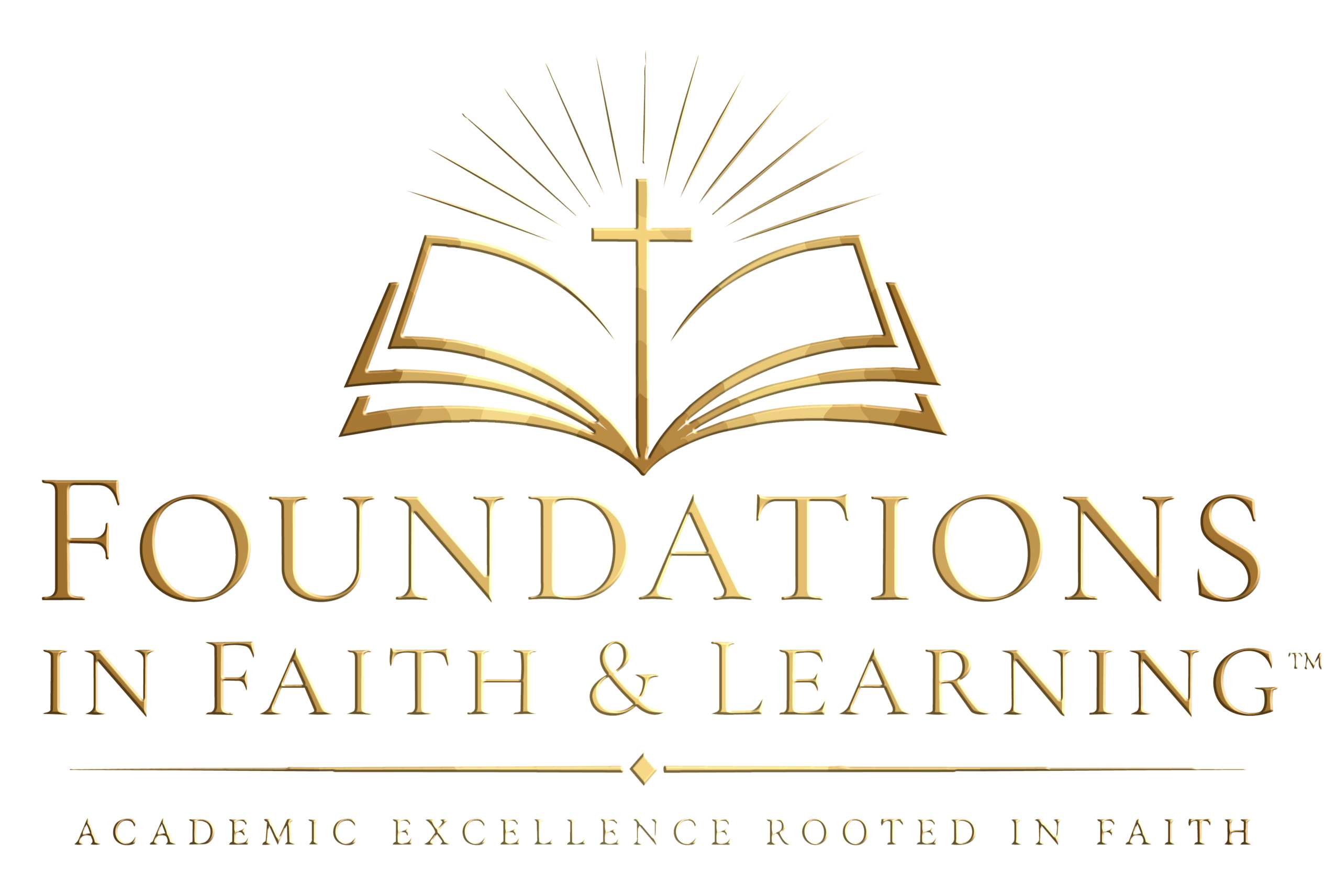 Logo with open book, cross, and rays, with text 'Foundations in Faith & Learning' and slogan below.