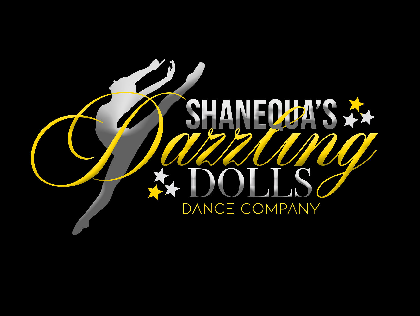 Logo for Shanedoas Dazzling Dolls Dance Company with a dancer silhouette, stars, and elegant text.