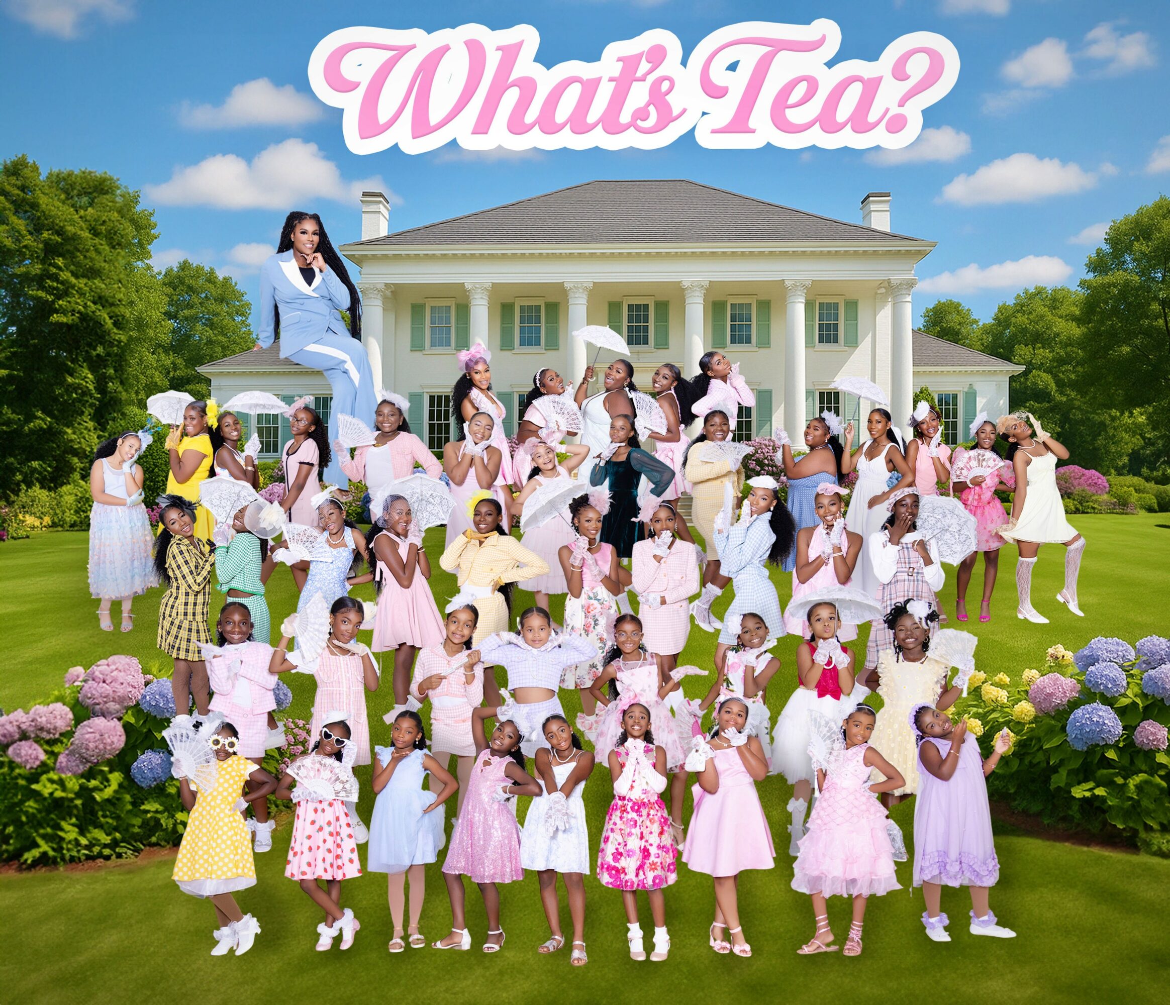 Large group of children and adults in front of a house, with a woman sitting on stairs, and pink text 'What's Tea?' at top.