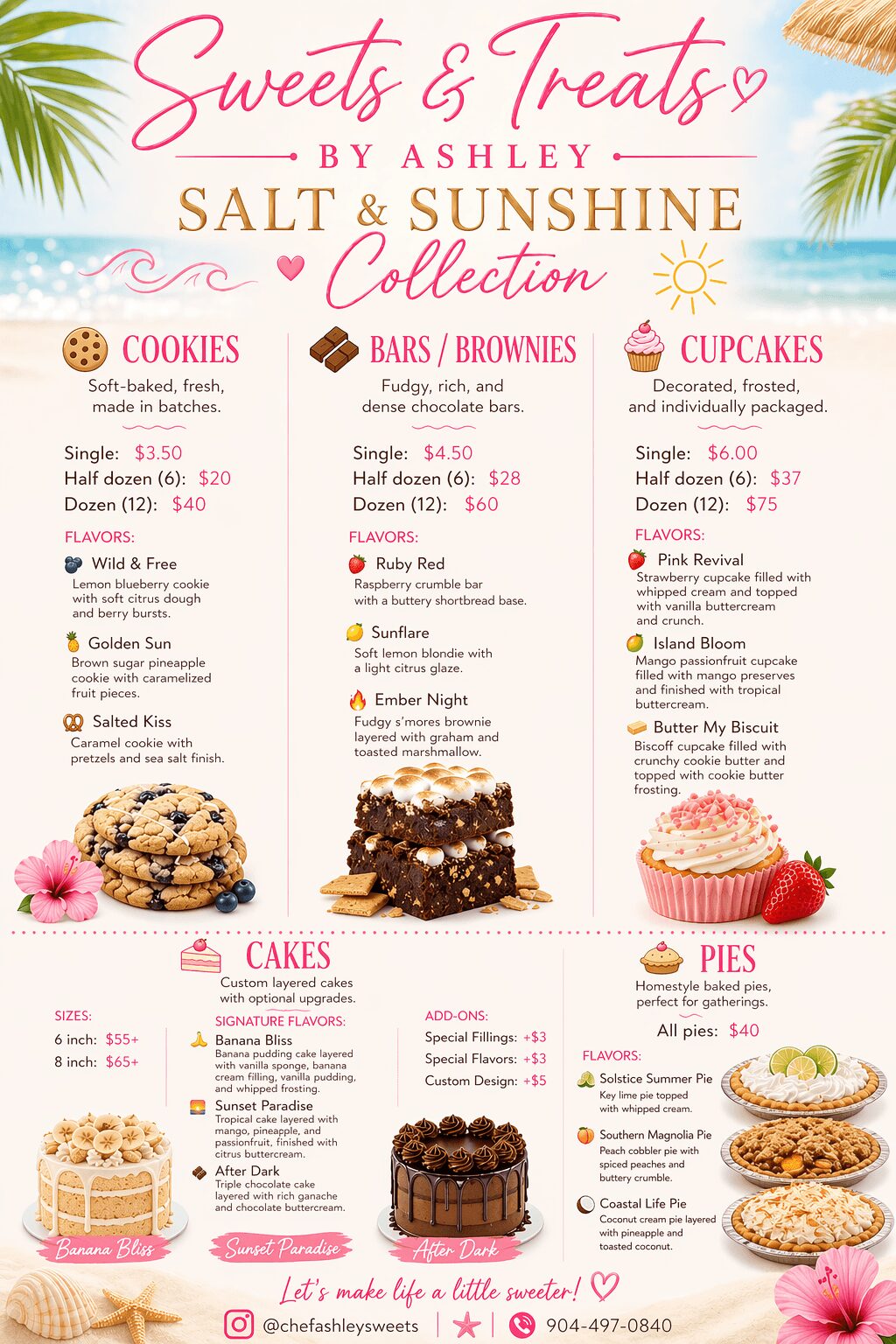 Menu titled 'Sweets & Treats by Ashley Salt & Sunshine Collection' featuring cookies, bars, brownies, cupcakes, cakes, and pies with prices and descriptions.