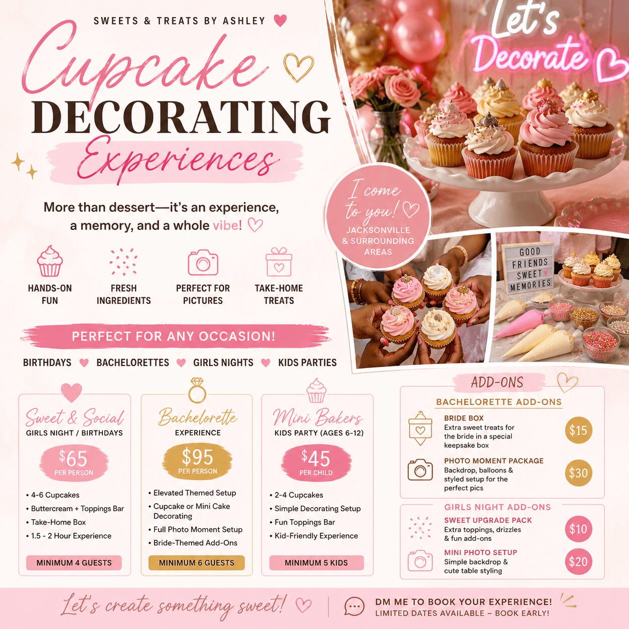 Display of decorated cupcakes with pink frosting and sprinkles, pink cake stand, and decorative signs for cupcake decorating experience.