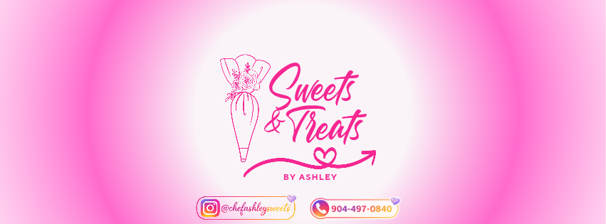 Pink background with a logo of an ice cream cone and text 'Sweets & Treats by Ashley'.