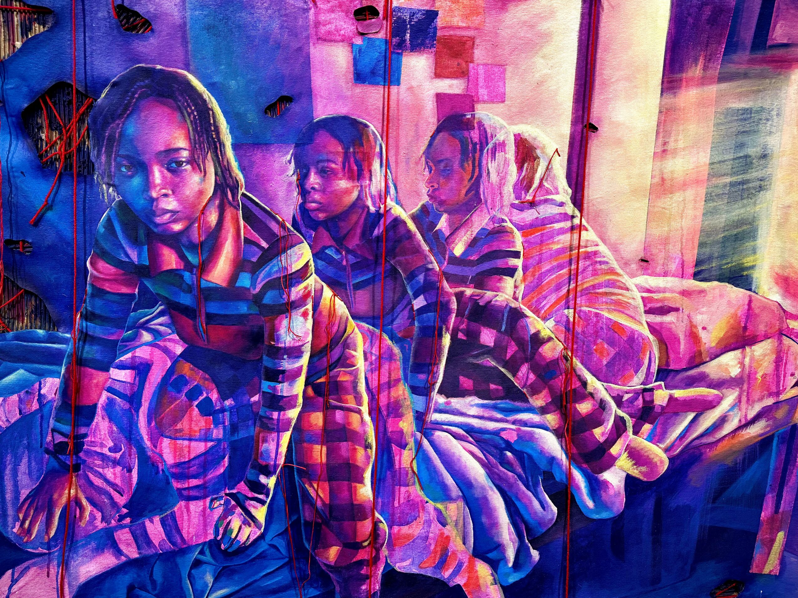 Four children sit on a bed in a colorful room, wearing striped clothing, with vibrant lighting and background elements.