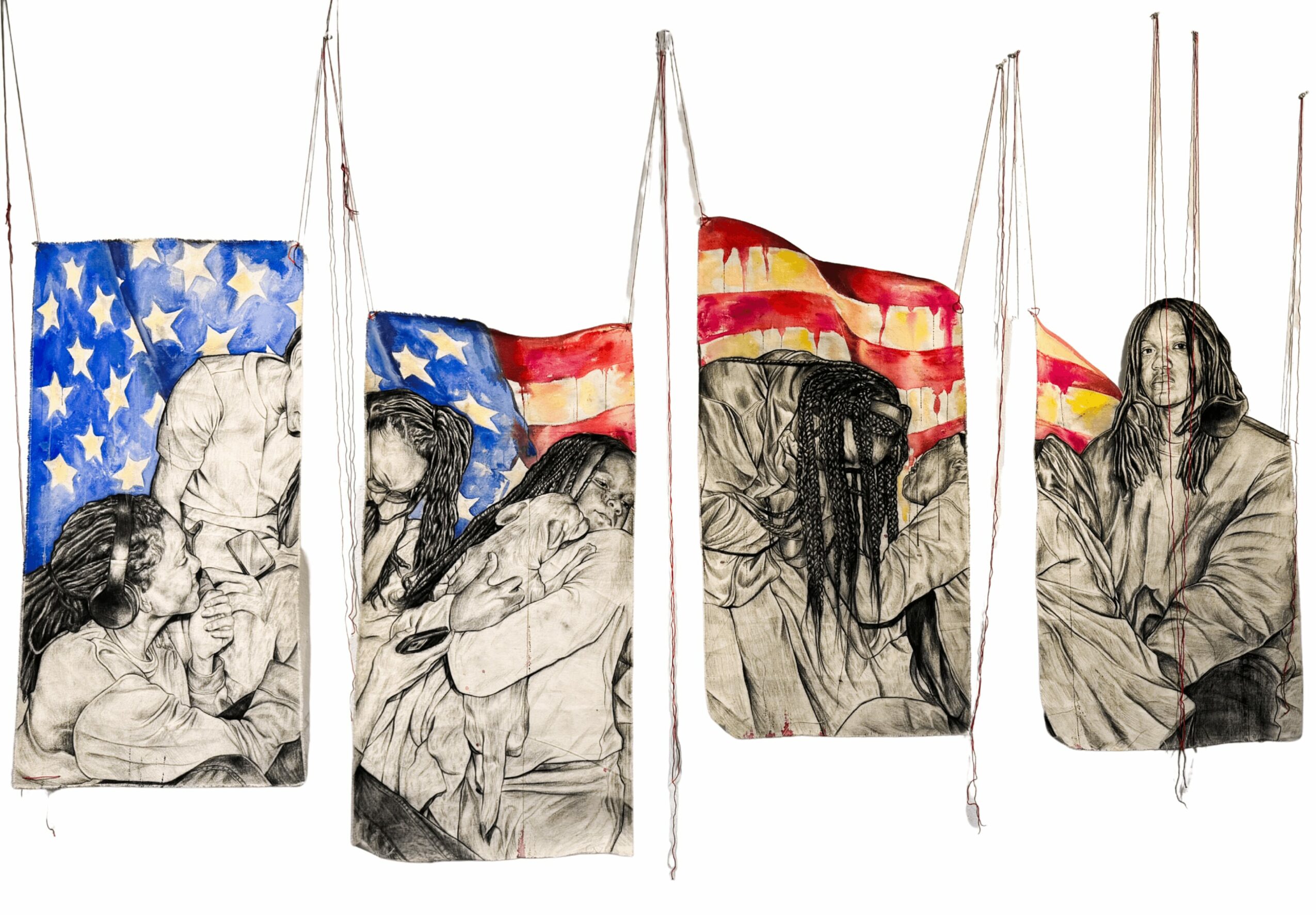 Four vertical panels depict sketches of people with American flags in the background, some with hats and long hair.