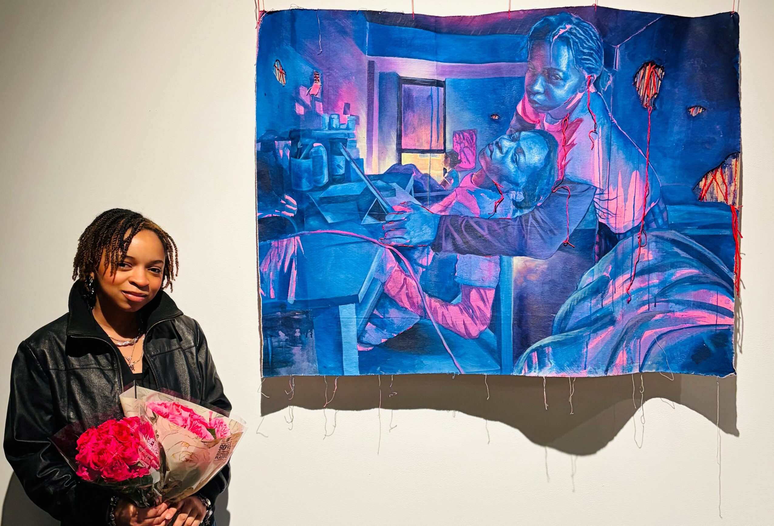 Person holding a bouquet of pink flowers standing next to a colorful painting of a girl at a piano.