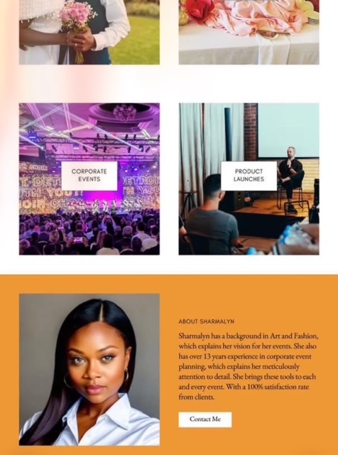 Collage of four images: person holding flowers, table with flowers, conference event, person giving presentation, woman portrait with text about Sharmalyn, and a contact button.