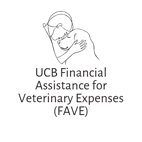 Line drawing of a person hugging a dog, with text about UCB Financial Assistance for Veterinary Expenses (FAVE).