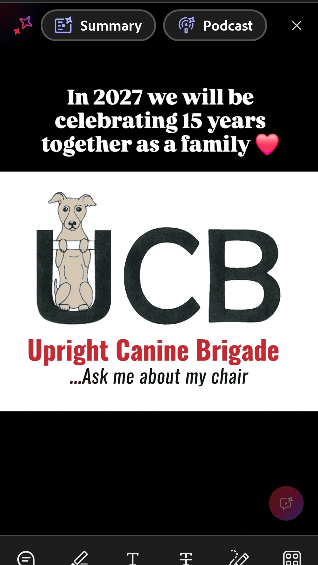 Celebrating 15 years as a family in 2027, with a logo of a dog and text about the Upright Canine Brigade.