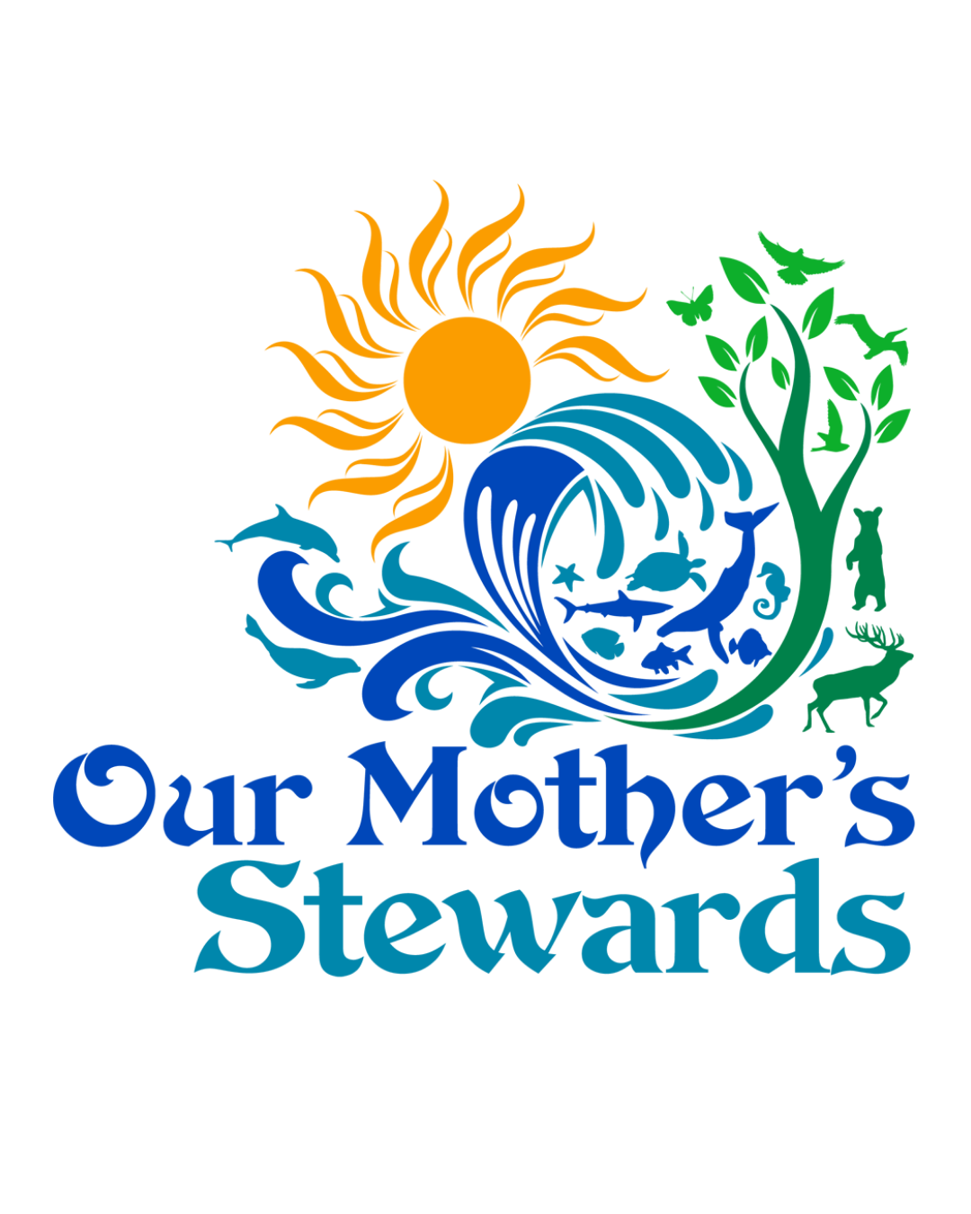 Colorful logo with sun, waves, tree, and bird, with text 'Our Mother's Stewards' below, on a black background.