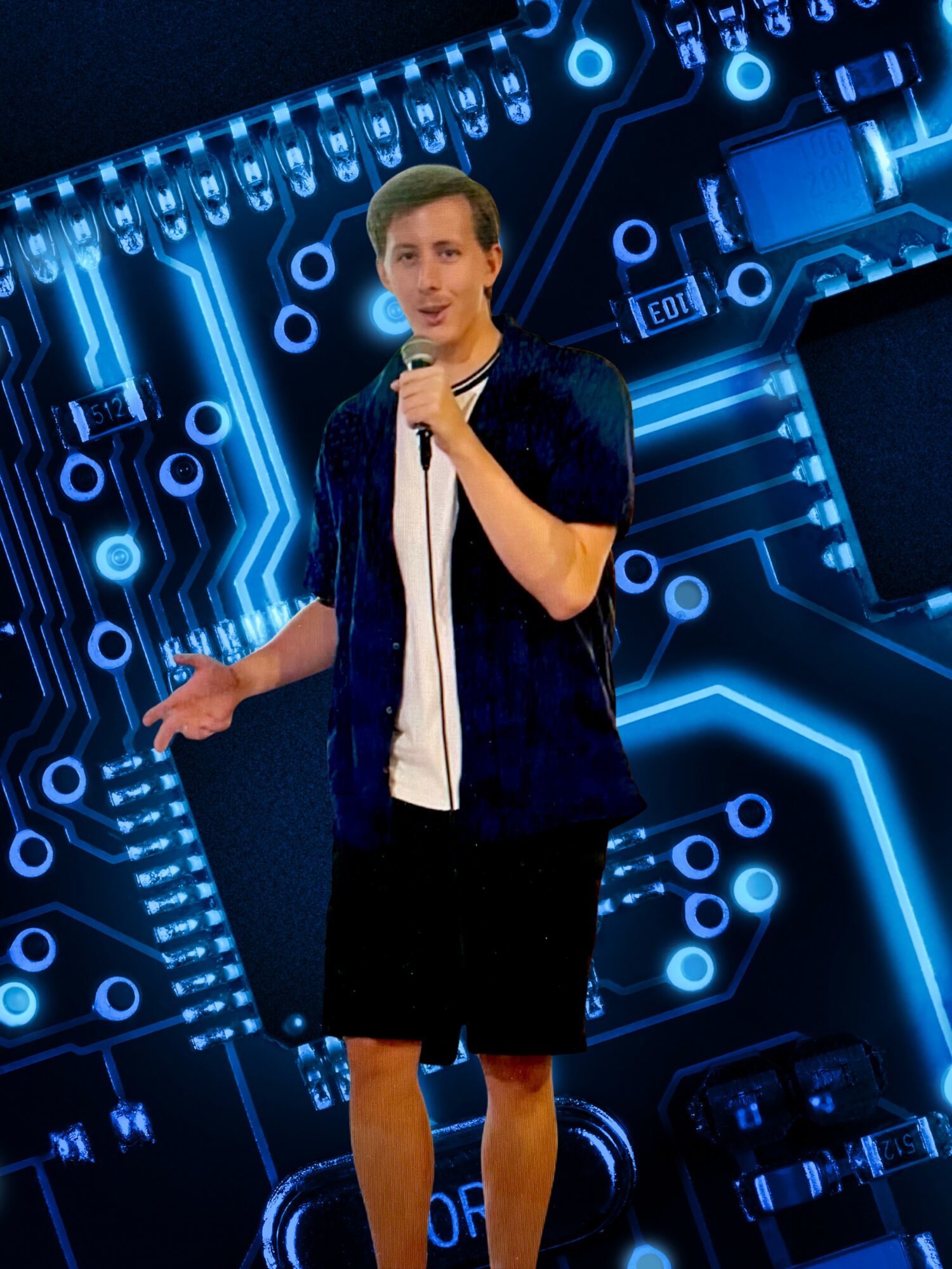 Young man holding a microphone on stage with a digital circuit background, wearing a dark jacket and shorts.