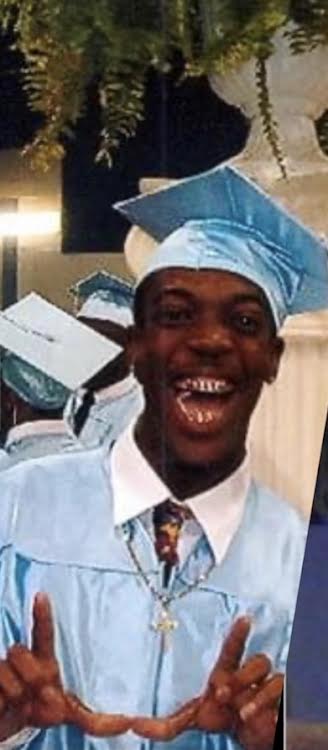 Person wearing a graduation cap and gown, smiling, with hands raised in a celebratory gesture.