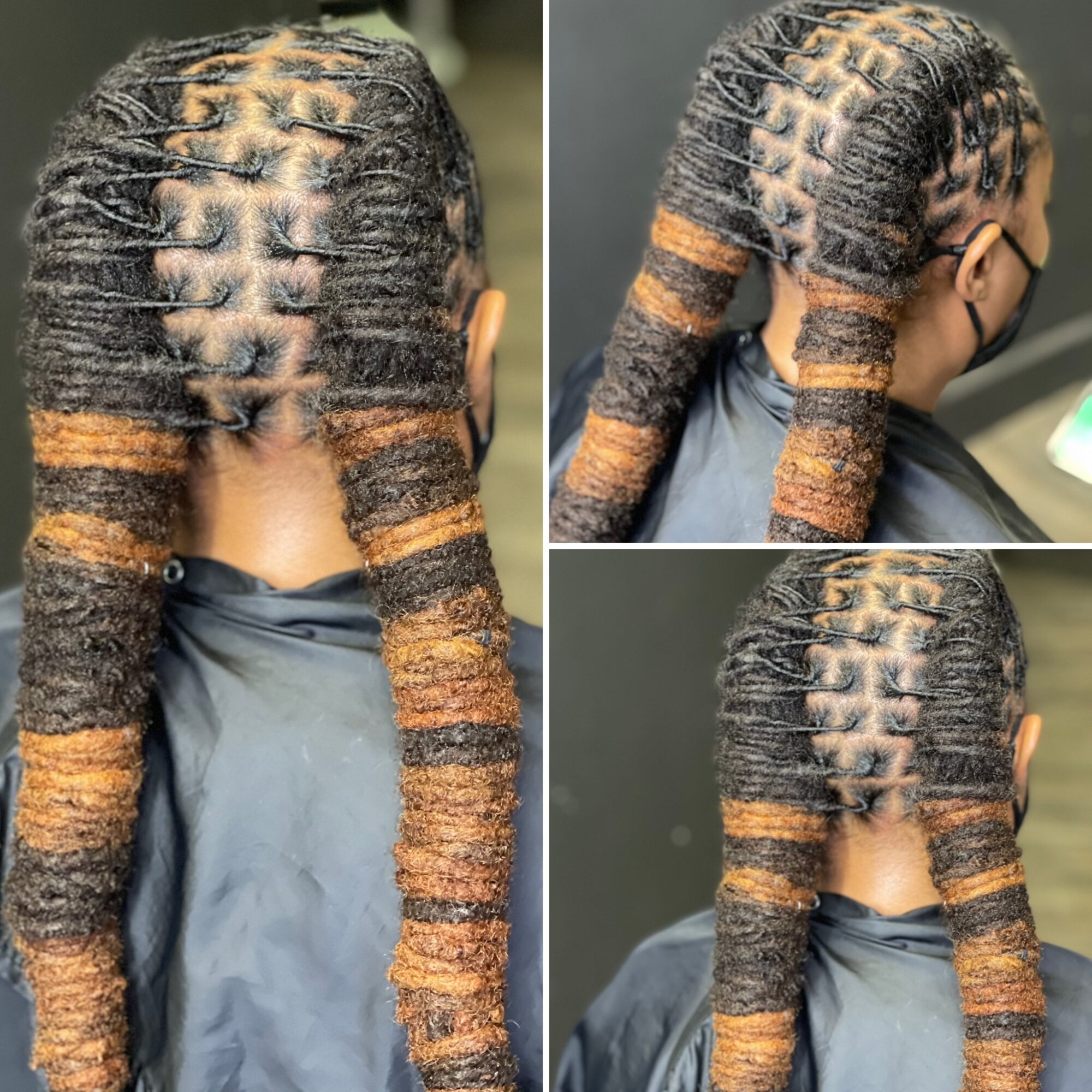 Three views of a person with styled dreadlocks, showing intricate parting and color variation, wearing a dark shirt and glasses.